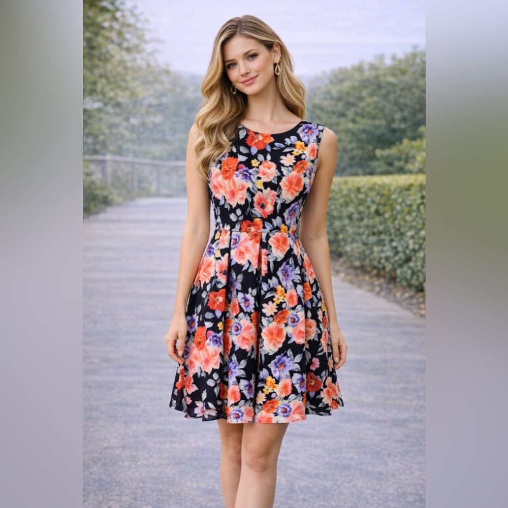 Betsey Johnson Dress 12 Blue Orange Floral Stretch A Line Colorful Career Church